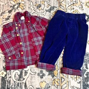 Vintage OshKosh Toddler Set 2T Plaid Flannel Shirt & Blue Corduroy Pants 80s 90s